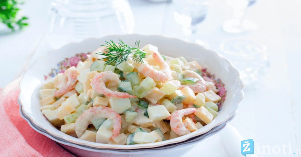 Labai gardžios salotos su krevetėmis, sūriu ir šviežiais agurkais