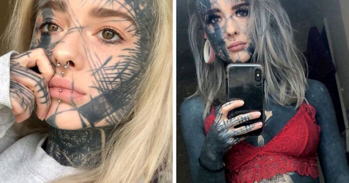 Pažiūrėkite, kaip atrodo manekenė, kurios beveik visą kūną dengia tatuiruotės