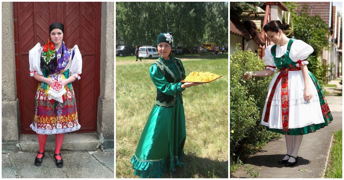 Nuotraukos, kuriose merginos didžiuojasi savo šalies tautiniais kostiumais